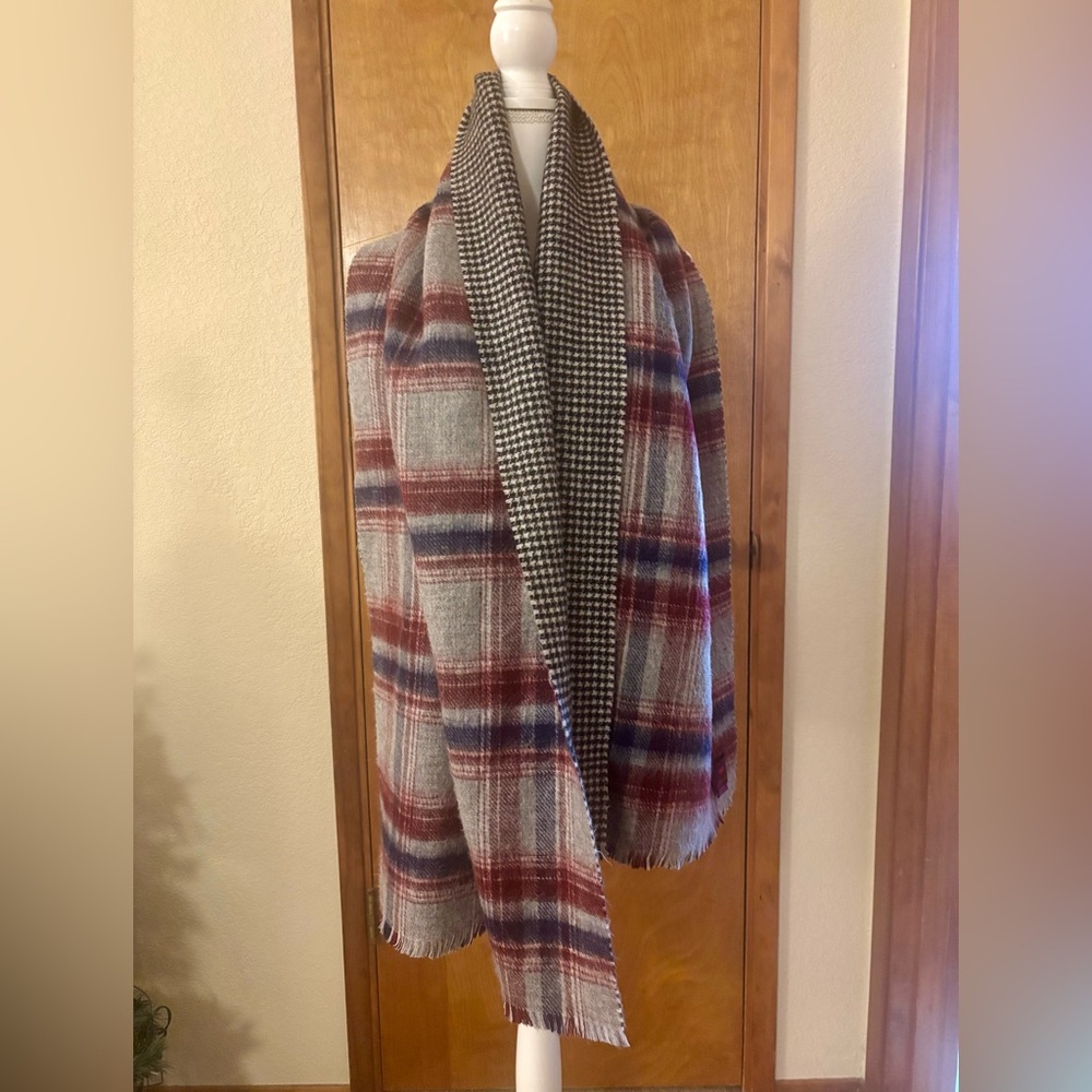Phenix Red and Blue Wool Plaid Scarf with Houndstooth Accent